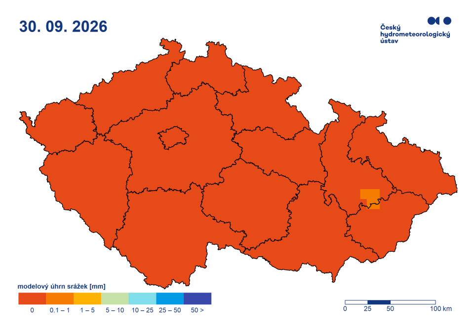 Výhled úhrnu srážek, 6. den výhledu