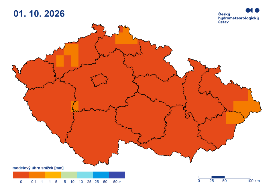 Výhled úhrnu srážek, 7. den výhledu