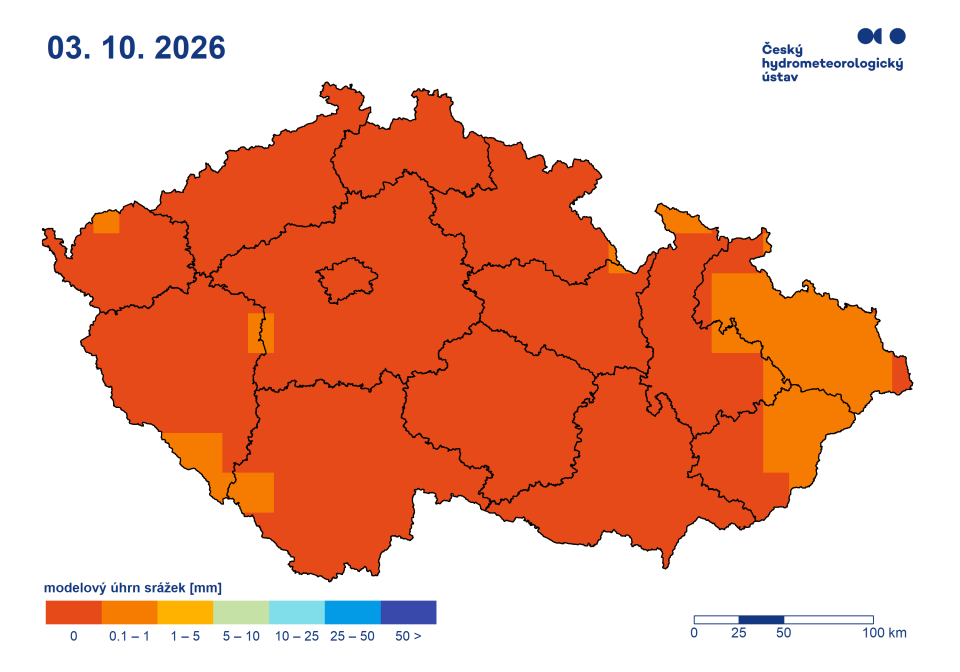 Výhled úhrnu srážek, 9. den výhledu